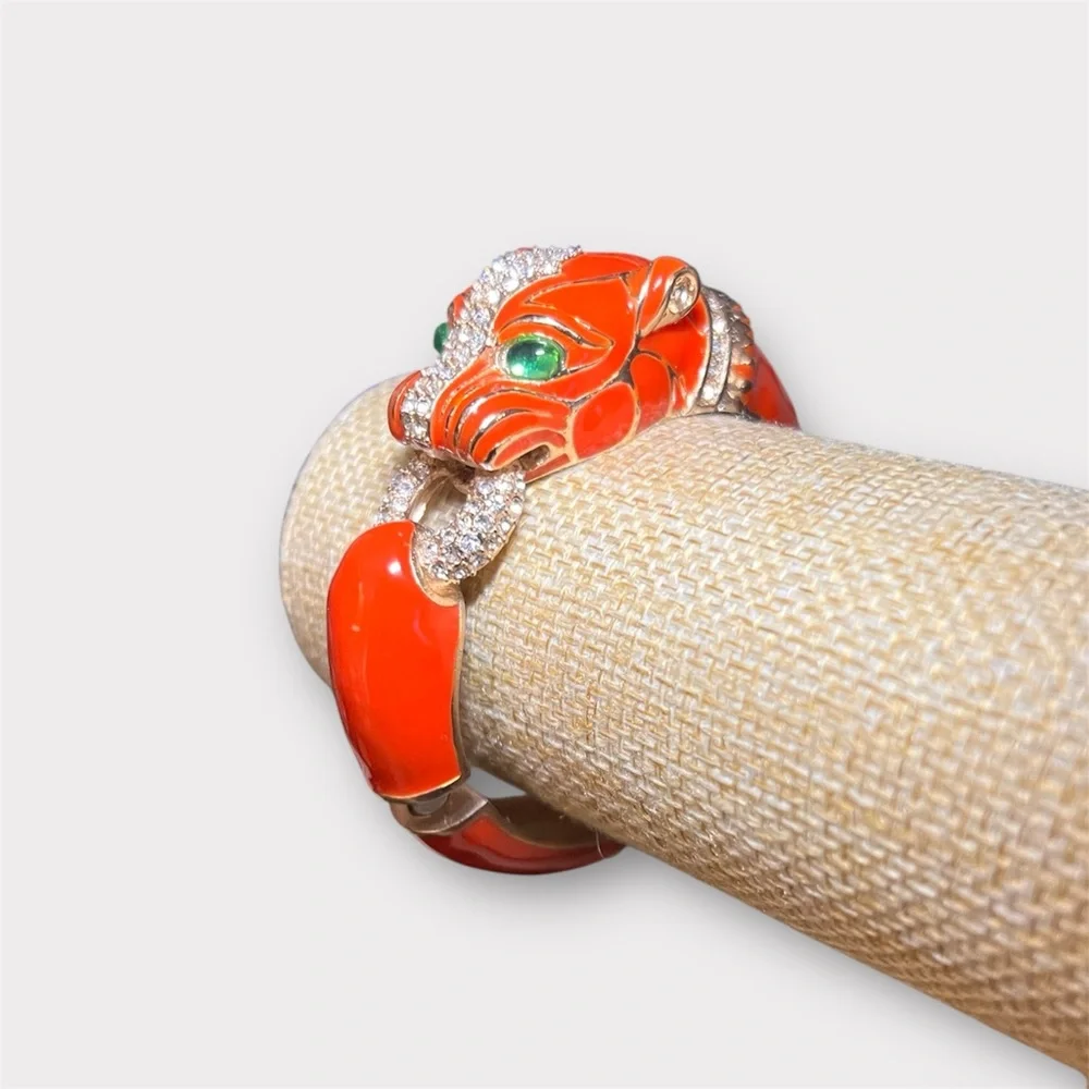 Coral Enamel Lion Head Cuff Bangle Bracelet